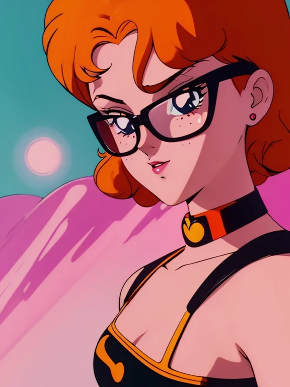 a cute girl with orange hair, freckles, and glasses, seductive pop art style pin-up model, cartoon style ,dynamic pose, cinematic lighting, vibrant colors, complementary color scheme, striking composition