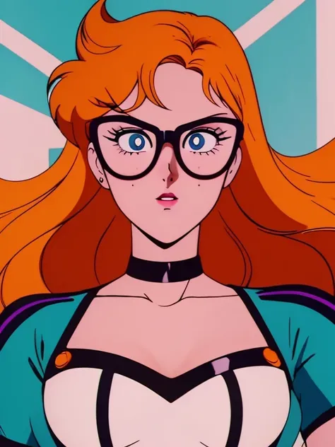 a cute girl with orange hair, freckles, and glasses, seductive pop art style pin-up model, cartoon style ,dynamic pose, cinematic lighting, vibrant colors, complementary color scheme, striking composition