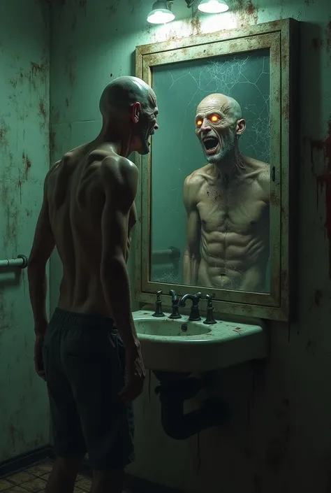 "A gaunt, shirtless old man with sickly, pale, and scarred skin stands before a cracked and grime-covered mirror in a decayed, dimly lit bathroom. His hollow, sunken eyes glow faintly with an unnatural, eerie light as he tilts his head, studying his own di...