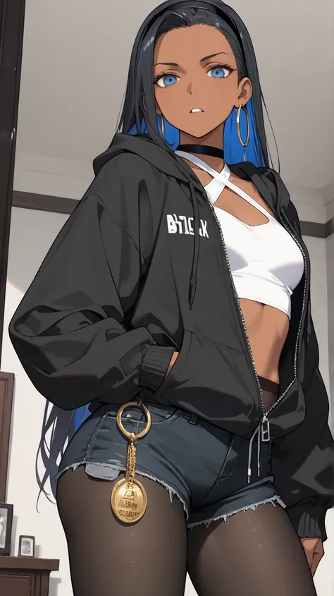 1Girl, Mature, Ebony, African American, Dark Skin, Long Straight hair, Jet Black Hair With Sky-Blue Highlights, Blue Eyes, Medium Chest, White Halter Crop-Top, Black Cropped High-Cut Hoodie, Black Pantyhose, Black Tight Cut-Off Jean Shorts, Black Choker, H...