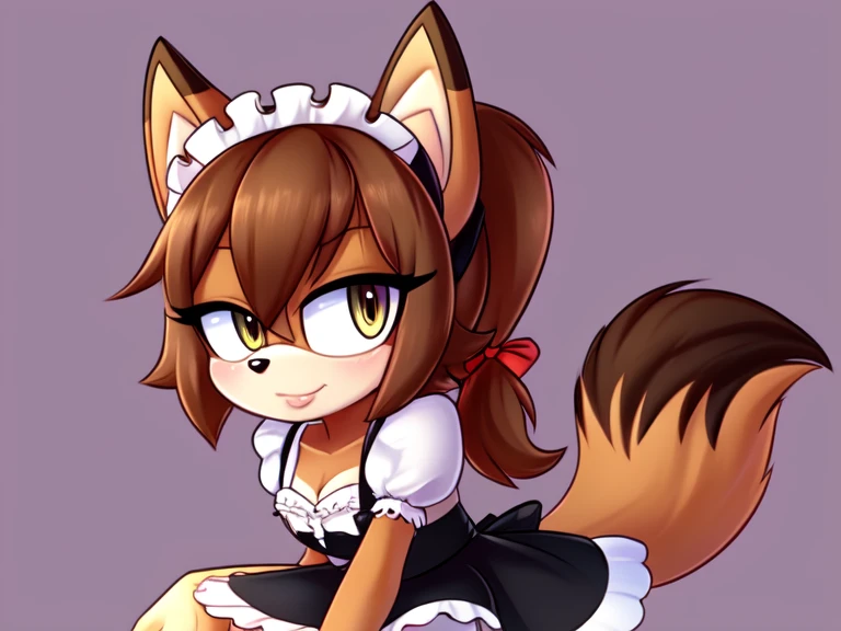 Red wolf,furry,Chest, ,  slightly stretch your lips,  Triple Lens ,  bow hair accessories ,  simple background , maid outfit，Side Ponytail, 