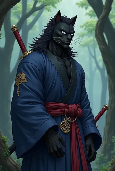 One piece mink shaped like a black panther with 2 swords on his back a dark blue kimono in a forest and he's not the hero of Marvel PFVR now do what you tell him he has blue eyes and black hair and fiery hands