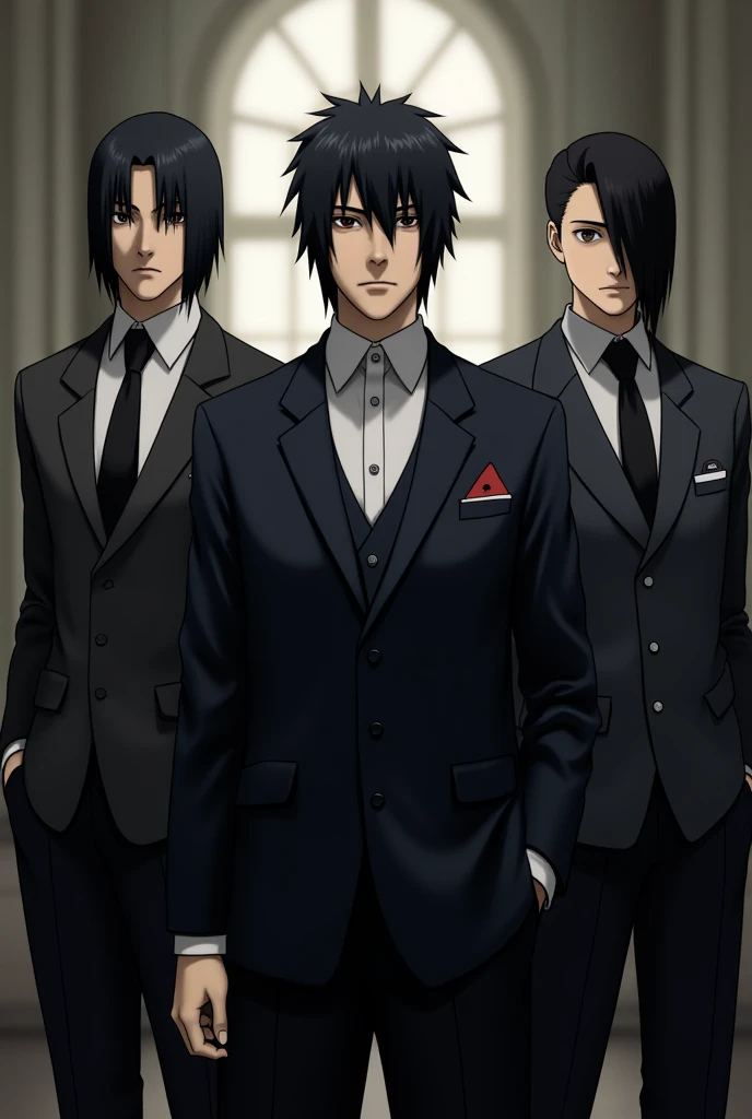 An image of Itachi Uchiha ,  Kakashi Hatake and Obito Uchiha together in a suit