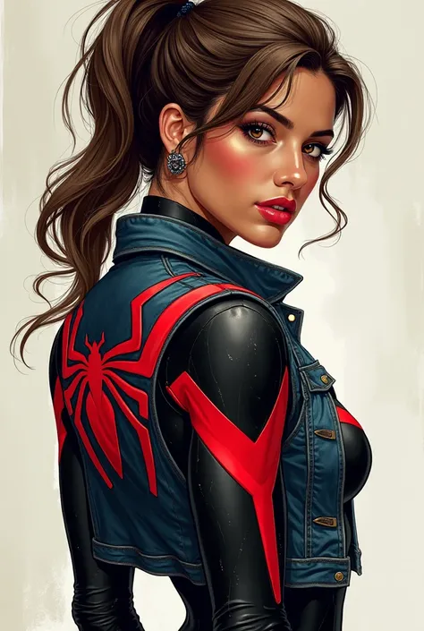 Semi-realism, comic book style. A female hero that's inspired by Spider-Girl, but her suit is mostly black with Red accents. Her face is exposed, showing a beautiful biracial woman being half Caucasian and half Arabic with amber-brown eyes. She also has a ...