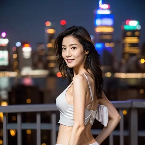  RAW photos in the loop,  top quality,  debris flies:1.2), (reality,  is present:1.37),  very detailed,   super high resolution, is staring at the viewer, with each ,shy smile,Narrow ,( skinny slim waist :1.3),  skin texture , Wavy long black hair,  profes...