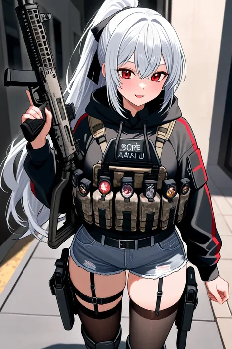 A tactical anime-style female soldier with a glamorous figure with an erotic vibe。 and tied her silver hair into a ponytail、It shows a real face with red eyes、 with a confident expression 。Wear black tactical armor over a gray and black hooded jacket、 thig...