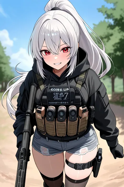 A tactical anime-style female soldier with a glamorous figure with an erotic vibe。 and tied her silver hair into a ponytail、It shows a real face with red eyes、 with a confident expression 。Wear black tactical armor over a gray and black hooded jacket、 thig...