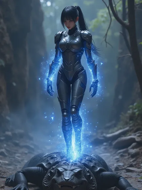 A young beautiful asian girl. Slim body, long pony less black hair. Wearing combination between ironman and light medieval armor, Hovering by emitting steady stable sparkless almost invisible blue plasma from the sole of her feet, over a giant lizard like ...