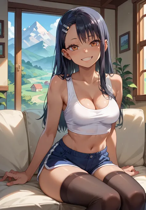 1girl, Hayase Nagatoro, sitting on a couch, crop top, cleavage, silk shorts, thigh highs, naturally sagging breasts, sexy pose, lustful, BREAK, night time, mountain cottage, cinematic lighting,