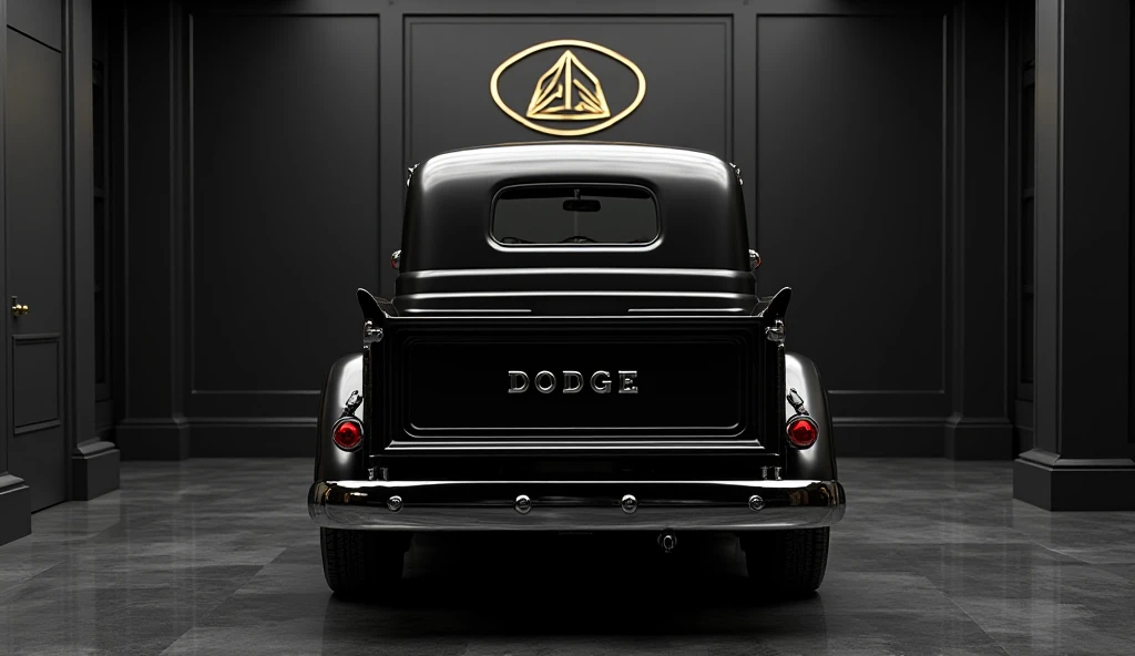 Generate back side front  view image of ( Dodge B-Series1953(ba It is place on a luxurious black showroom. (Company) Badge is prominently display large on the wall behind the car.