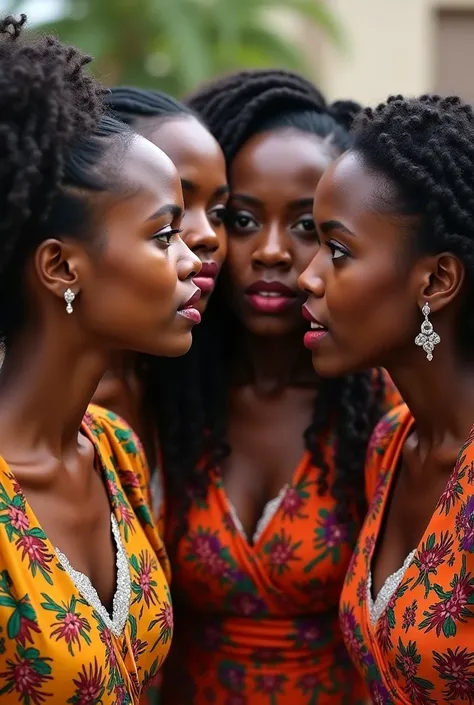 A group of Nigerian bridesmaids dresses in nigerian bridesmaids attire whispering in shock and confusion.