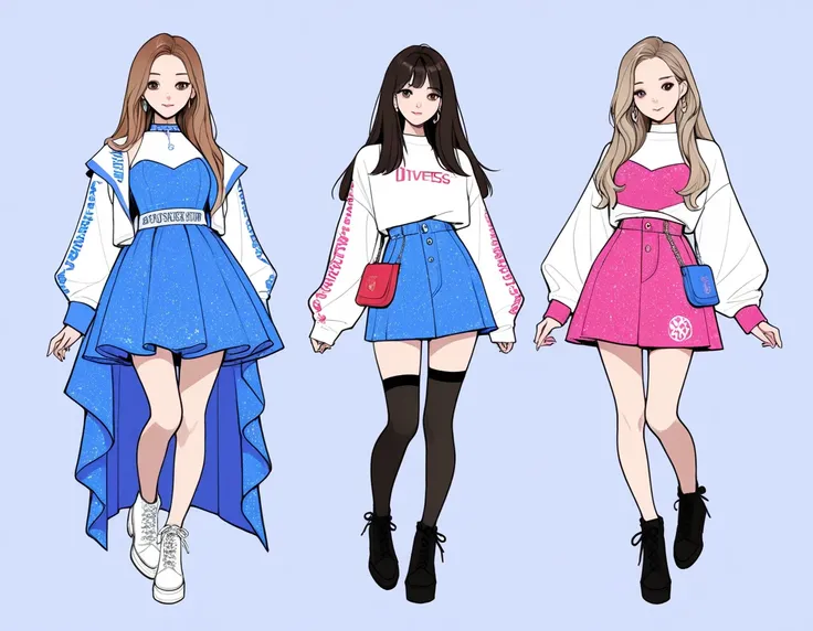 4 adult girls, k-pop outfit, outfit designs, diverse outfits, full body character design, outfit design, fashion concept art, full character design, colored concept art, character designs, clothing concept, , [ character design ],
