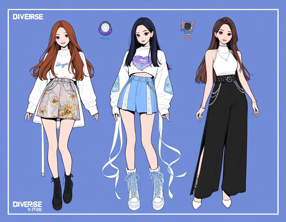 4 adult girls, k-pop outfit, outfit designs, diverse outfits, full body character design, outfit design, fashion concept art, full character design, colored concept art, character designs, clothing concept, , [ character design ],
