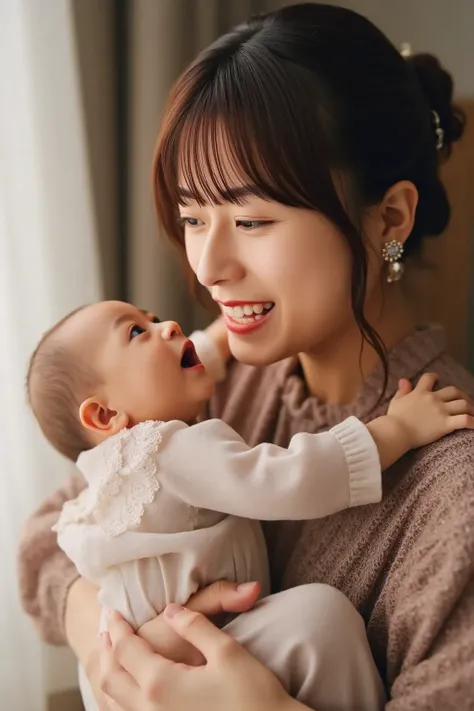 Woman hugging her relative's baby and smiling