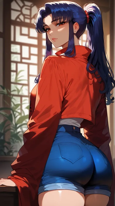 Misato Katsuragi style,  perfect eyes,  perfectly sexy face , ultra detailed,  ultra perfect eyes,  hair tied like a ponytail,  big beautiful woman ,  rear view , dark blue shorts, Body,  looking at the viewer , 