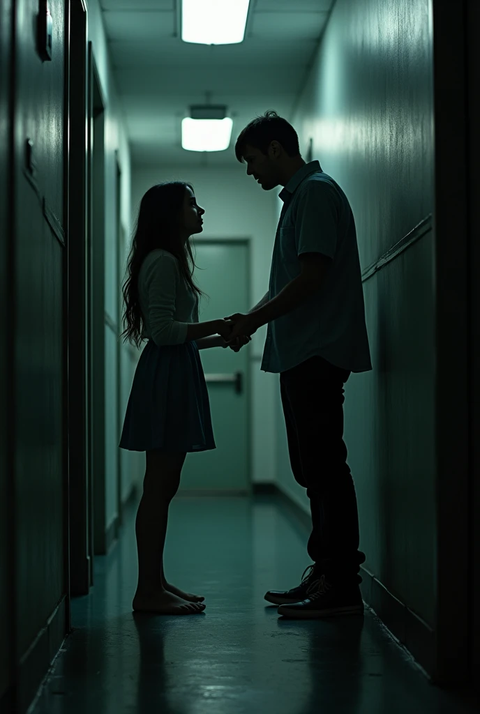  the girl is standing in the hallway unsuspecting anything. a guy comes and, taking hand, takes 