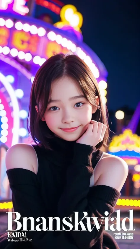 Emma Myers, whole body,  top quality, 1 girl, Alone, (Amusement park at night,  magazine cover ),  watches viewers, Intense Perspectives , Playing with the camera, smile, walk、Castle in the background、One-shoulder sweater、 black hair、