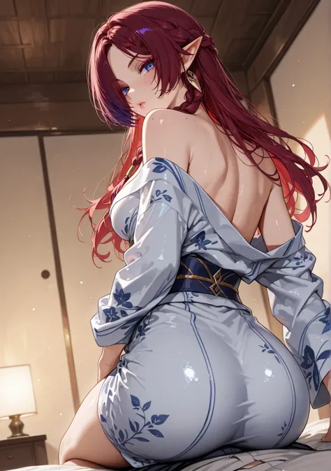 1 girl, solo, ch4sca, multicolored hair, red hair, dark purple hair, blue eyes, pointy ears, hair over one eye, long hair, braid, mole on shoulder, medium breasts, voloptuous, thick thighs, wide hips, alternate costume, looking at viewer, pov, puckered lip...