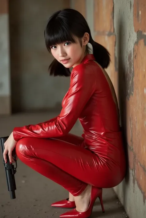 The image shows a seductive young girl in a dirty abandoned factory at night. She is a beautiful Japanese girl of average build with beautiful long black wavy hair, caution expression, giant breasts. She's wearing a fitted red patent leather suit, Shiny ma...