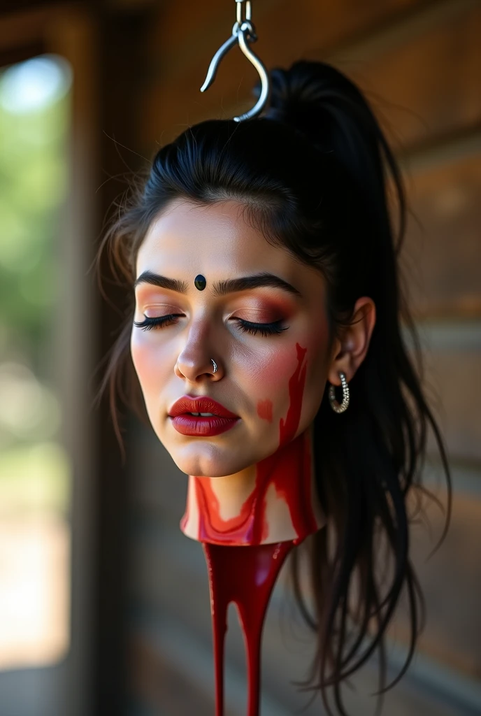 an actress's bloody amputated head hanging by a hook in film festival. Amputated head has dark pony tail hair style, bindi on forehead precisely between eye brows, eyes closed, mouth sightly apart, wearing ear ring, tiny nose ring, and wearing natural make...