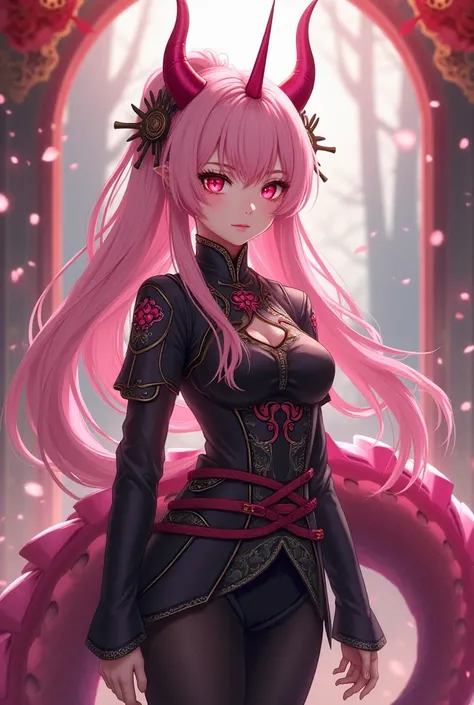 ( top quality,  Better quality,  official art ,  and aesthetics :1.2) female,  dragon girl from the anime ,  fair skin ,  with only a dragon horn located on the forehead, pink horn ,  long pink hair Chinese style,  red eyes,  black Japanese armor ,  black ...