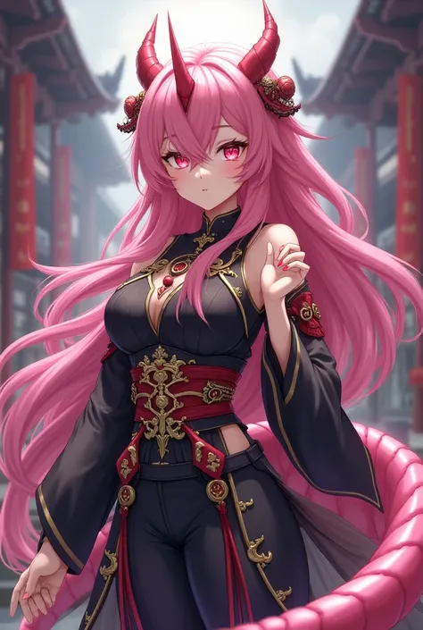 ( top quality,  Better quality,  official art ,  and aesthetics :1.2) female,  dragon girl from the anime ,  fair skin ,  with only a dragon horn located on the forehead, pink horn ,  long pink hair Chinese style,  red eyes,  black Japanese armor ,  black ...