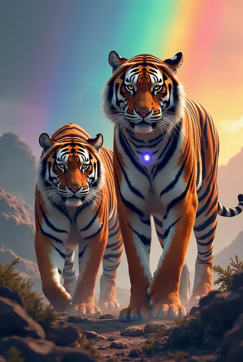 Ordinary tigers and vs tigers wearing ironman dress, beautiful rainbow background image