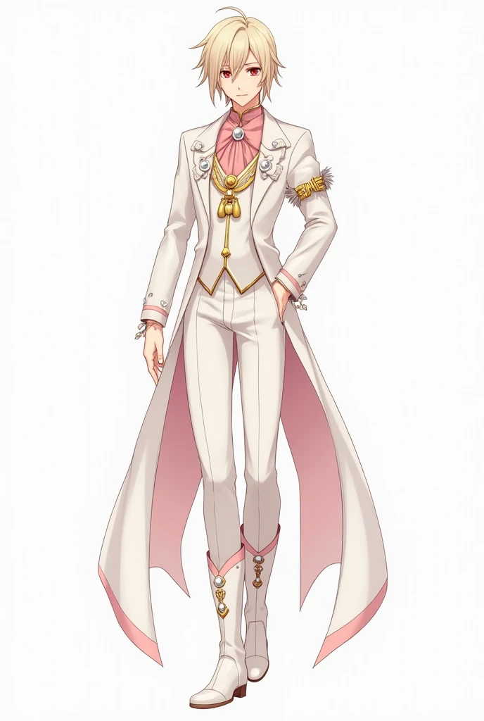 Magical handsome man with pale blond hair cut at the nape of the neck, on the sides he wears two long locks and a comb on the left side with a white gem with two white feathers behind it. The top of the suit is white except for the front which is pinkish w...