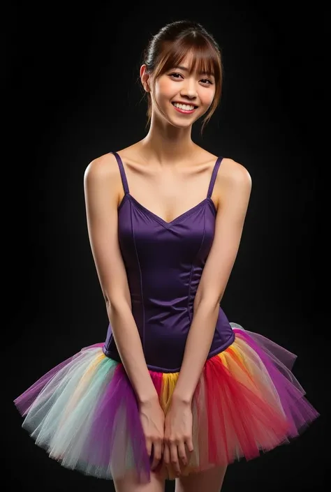 Image of beautiful ballerina, more details, Ultra Realistic Portrait Photography, clear focus with more details, (At the center of the image is a woman), background is black, (pin spotlight illuminating the entire person:1.3), perfect anatomy, cute smile, ...