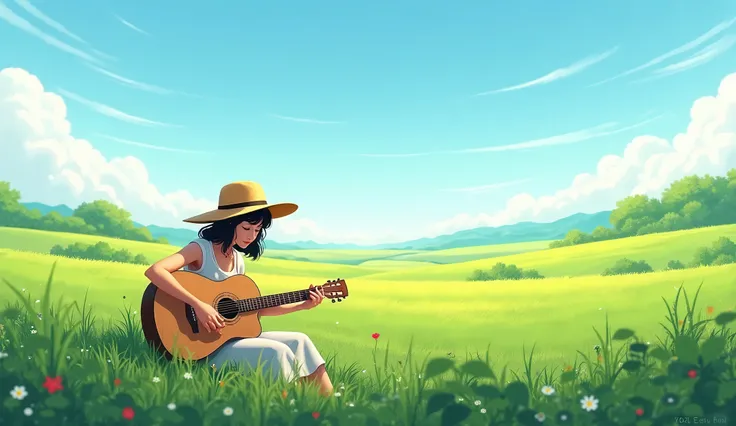 "Please create a realistic-style digital artwork focusing on a picturesque rural landscape with lush green fields stretching under a vast blue sky. A young woman, depicted smaller in scale, sits within the scenery playing an acoustic guitar. She wears a st...