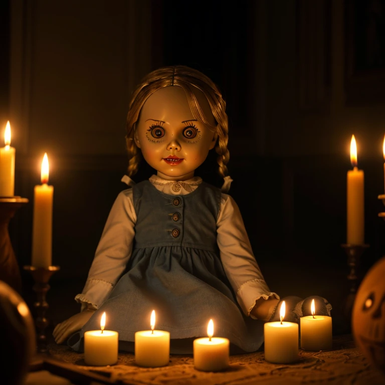 Realistic photo: "A ((serious)) medium in a ((dark)) room, pointing at the Annabelle doll while explaining the story of ((Annabelle Higgins)). The doll is surrounded by ((lit)) candles and ((antique)) objects. ((HDR)) lighting with a ((medium shot)) using ...