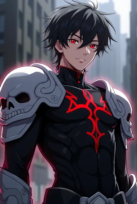 Seventeen-year-old anime boy with dark silver eyes bright red eyes marked and muscular physique with black armor with white metal shoulder pads shaped like skulls of Monsters anime style rawdy oc rwby 