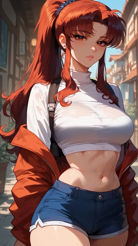 Misato Katsuragi style,  perfect eyes,  perfectly sexy face , ultra detailed,  ultra perfect eyes,  hair tied like a ponytail,  big beautiful woman , standing, dark blue shorts, Body,  looking at the viewer , 