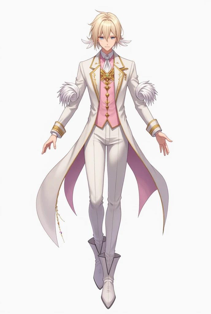 Magical handsome man with pale blond hair cut at the nape of the neck, on the sides he wears two long locks and a comb on the left side with a white gem with two white feathers behind it. The top of the suit is white except for the front which is pinkish w...