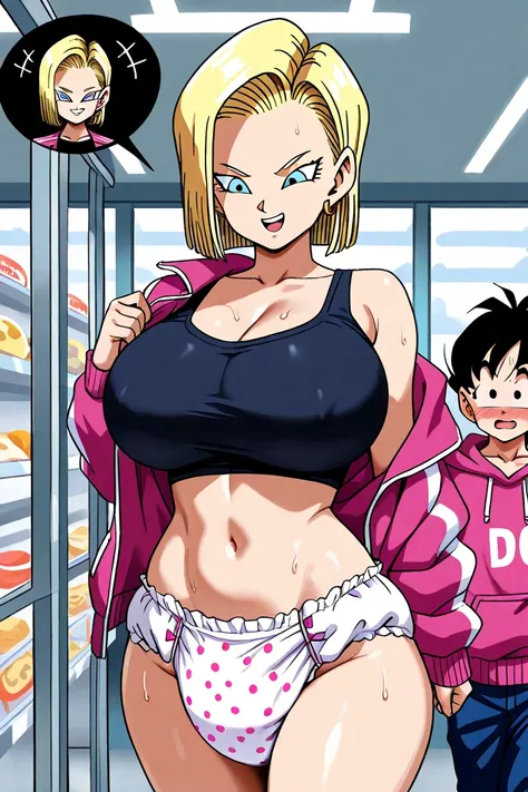 (1 girl, 1 man young ) 1girl, 1 man young  , android 18 \(android 18 dragon ball super\),android 18 dragon ball super, 
long hair to the shoulder,  blond hair, Blue eyes,  detailed eyes,  huge boobs,  speaking, walking, in store,  half-naked , Do not use d...