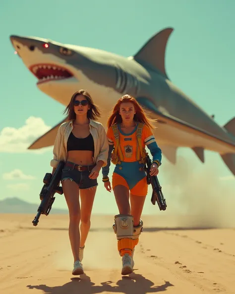 Photorealistic, 8k, wide-angle cinematic shot of two young women in the desert sprinting as fast as they can away from a gigantic mechanical flying shark with laser eyes. Young Woman #1 has her hair cut into a short messy dark brown bob. She is dressed in ...