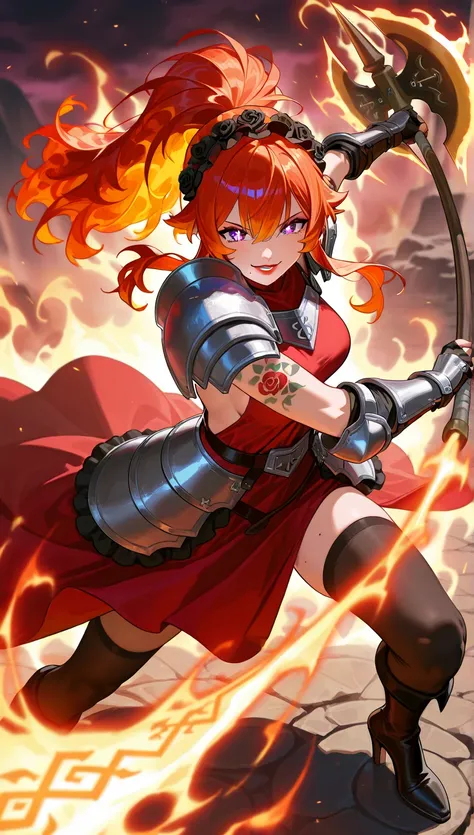 masterpiece, red hair, orange hair, flame like hair, long hair, messy hair, sidelocks, high ponytail, purple eyes, white pupils, star-shaped pupils, battle axe, adult, mature, medium breasts, tall female, black hairband, AmerisM, musclemio, smallpuffies, f...