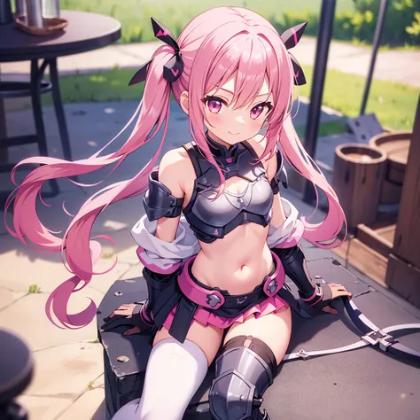  1 girl, Avons , stupid hair, armor, armored_ boots,  is blurry,  is blurry_background, ,  boots, chest, chest元, Commentary_ request, day, Detached_ color, ear_visible_Through_hair,  Endro !, frills,  gloves, hair_ bitween at labco_eye, hair_Bobble, hair_ ...