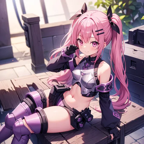  1 girl, Avons , stupid hair, armor, armored_ boots,  is blurry,  is blurry_background, ,  boots, chest, chest元, Commentary_ request, day, Detached_ color, ear_visible_Through_hair,  Endro !, frills,  gloves, hair_ bitween at labco_eye, hair_Bobble, hair_ ...