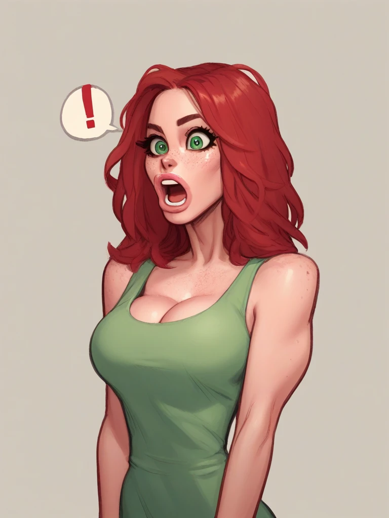 score_5_up, score_6_up,  score_7_up,
1girl, solo,  lips, open mouth, green eyes, freckles long red hair, medium breasts, cleavage spoken_exclamation_mark , taut tank top dress, 