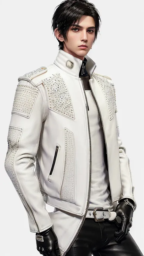 ((Final fantasy taste and reality graphics)), ((Japanese young cute and cool ikemen  boy)), his age is early 20s, thin eyebrows and beady eyes,, (((((boy wearing cream-white color thick leather and single-brest double zipper jacket))))), ,(((((jacket is vo...