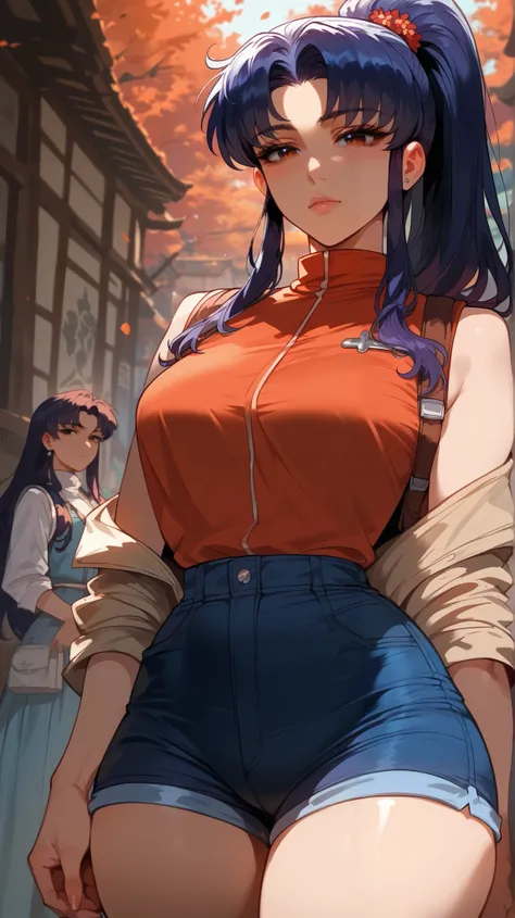 Misato Katsuragi style,  perfect eyes,  perfectly sexy face , ultra detailed,  ultra perfect eyes,  hair tied like a ponytail,  big beautiful woman , standing, dark blue shorts, Body,  looking at the viewer , 