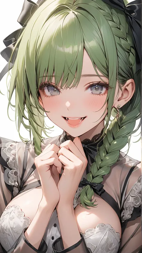 8k resolution, Masterpiece, Master work, perfect proportion, semi-realistic, close-up, focus on face:1.2, 1woman, sexy, bow ribbon:1.2, busty, breasts apart:1.2, different size of both breasts, gray eyes, small face, mad green Braid hair:1.3, sleepy expres...