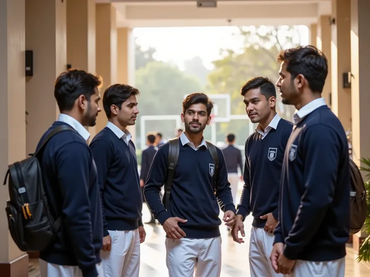 A high-resolution, photorealistic 4K HDR image of a Pakistani school corridor leading to an open basketball court. A group of four age boys in navy blue school sweaters and white uniforms stand in a semi-circle, engaged in an animated conversation. They ar...