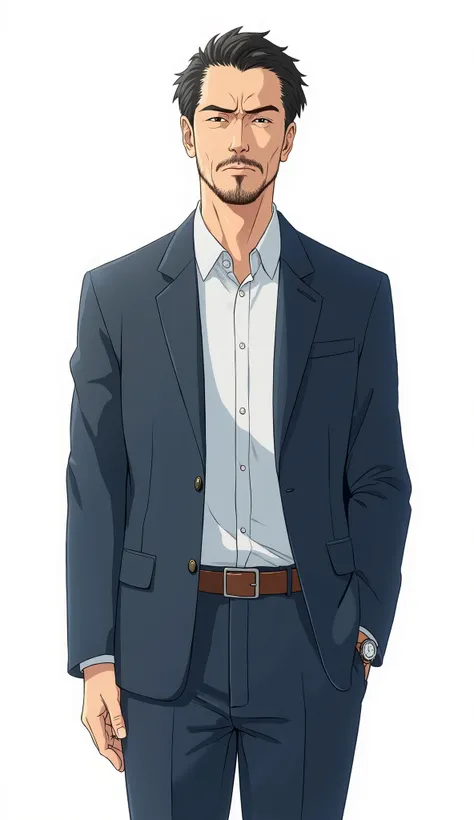 A highly detailed, full-body anime-style illustration of a 50-year-old slender Japanese man, set against a pure white background. He has a stern and serious expression, slightly displeased yet exuding an intellectual aura. His neatly trimmed beard compleme...