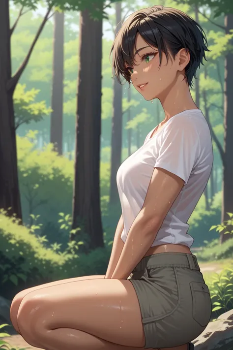 1girl. tomboy. athletic body. medium breasts. tanned skin. dark green eyes. wearing grey cargo shorts, plain white t-shirt. detailed face. black hair color, detailed hair, pixie style hair. full of details. squatting. forest. sweaty. excited expression. pa...