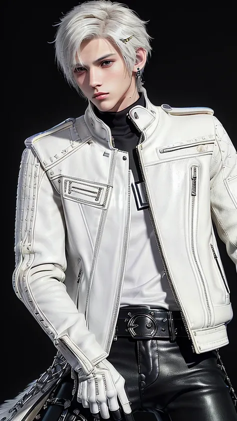 ((Final fantasy taste and reality graphics)), ((Japanese young cute and cool ikemen  boy)), his age is early 20s, thin eyebrows and beady eyes,, (((((boy wearing cream-white color thick leather and single-brest double zipper jacket))))), ,(((((jacket is vo...