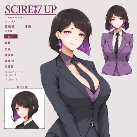 masterpiece, (((( best quality )))),character profilele,shiny skin, wearing a suit,, dark hair, short bob hair,The inner color of the hair is green,isosceles triangle earrings,mature_lady,