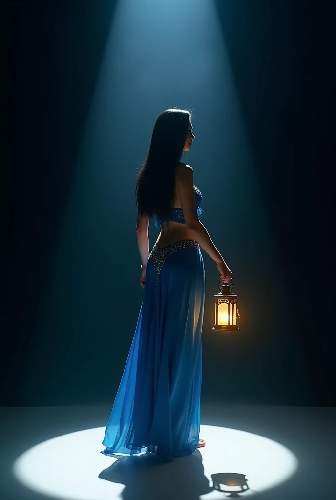  A tall woman with long black hair is stepping forward looking back over her shoulder. She wears blue belly dancer's outfit. In one hand she carries a lantern. The lantern has a yellow glow. She steps onto a white circle. Everything else is dark. A light s...