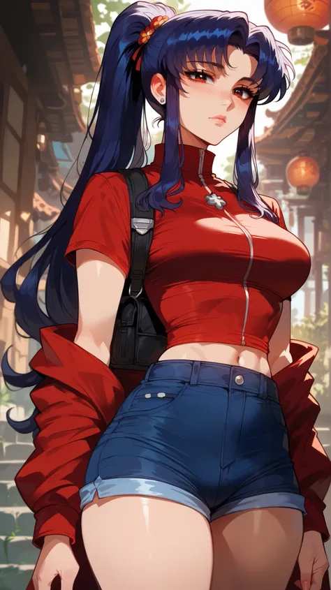 Misato Katsuragi style,  perfect eyes,  perfectly sexy face , ultra detailed,  ultra perfect eyes,  hair tied like a ponytail,  big beautiful woman , standing, dark blue shorts, Body,  looking at the viewer , 